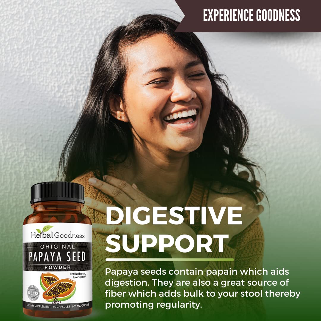 Herbal Goodness Papaya Seeds Powder Capsules – 600mg x 60, Organic Papain Enzymes for Digestion