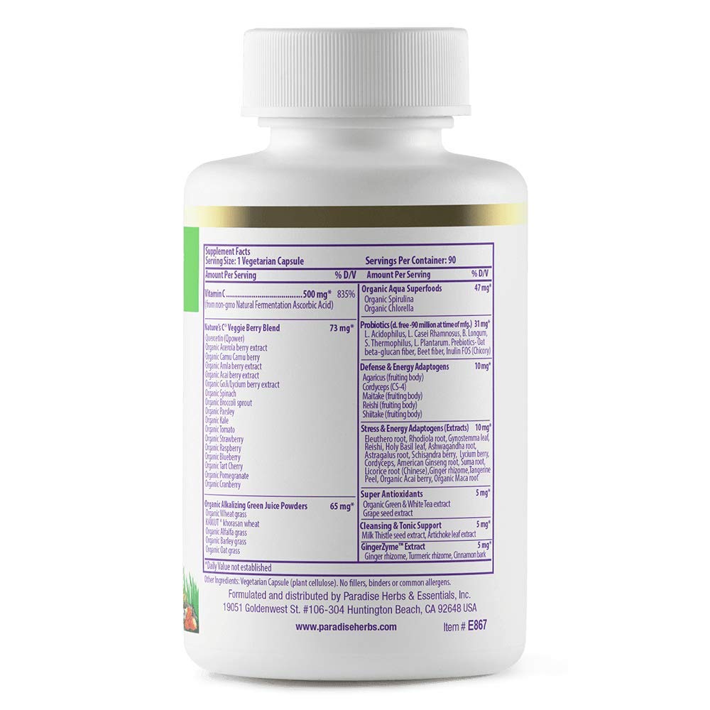 Paradise Earth's Blend Vitamin C with Adaptogens & Organic Greens | 90 Vegetarian Capsules