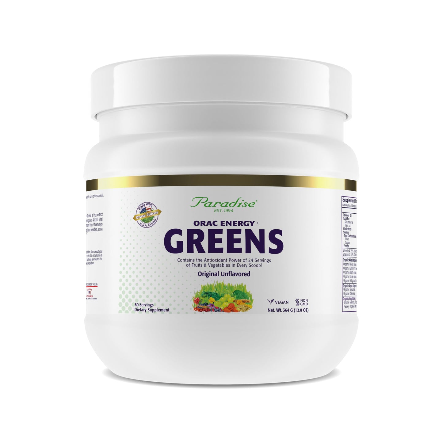 Paradise Herbs ORAC Energy Greens Powder Extract | Super Antioxidants & Probiotics for Gut Health | 60 Servings