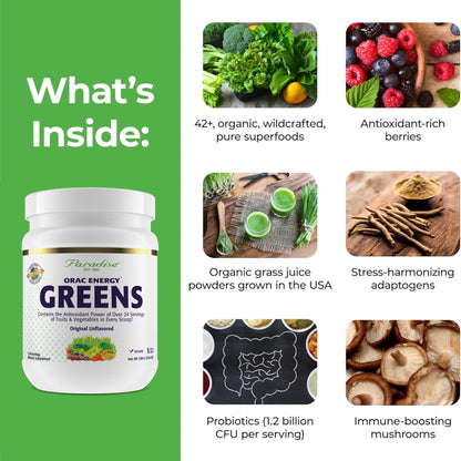 Paradise Herbs ORAC Energy Greens Powder — Antioxidant Power of 24 Fruits & Veggies in 1 Scoop | 120 Servings