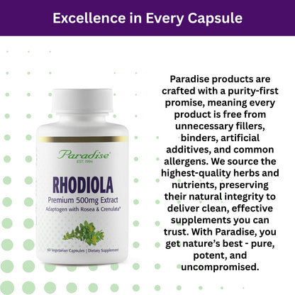 Paradise Herbs Rhodiola Extract 500mg | Ultra Pure, Vegan, Non-GMO, Gluten Free – 60 Vegetarian Capsules