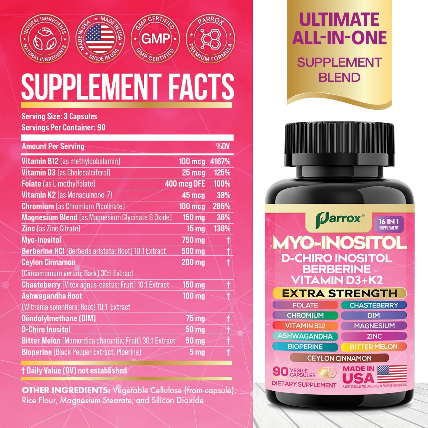 Parrox Myo-Inositol 16-in-1 Supplement – 2 Pack with D-Chiro Inositol, Berberine, D3 + K2