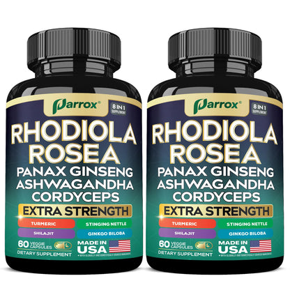 Parrox Rhodiola Rosea 8-in-1 Adaptogen Blend – 2 Pack | Panax Ginseng, Ashwagandha, Cordyceps, Turmeric