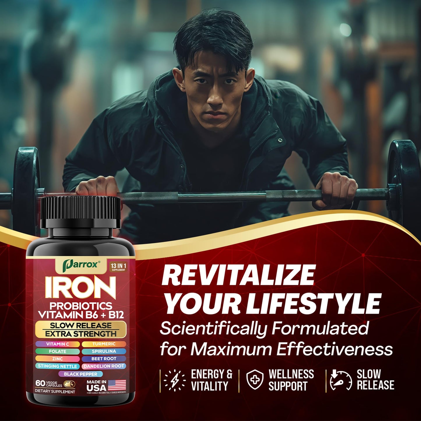 Parrox Elemental Iron 13-in-1 – Slow-Release Iron, Probiotics, B Vitamins, Beetroot & Turmeric (3-Pack, 60 Capsules)