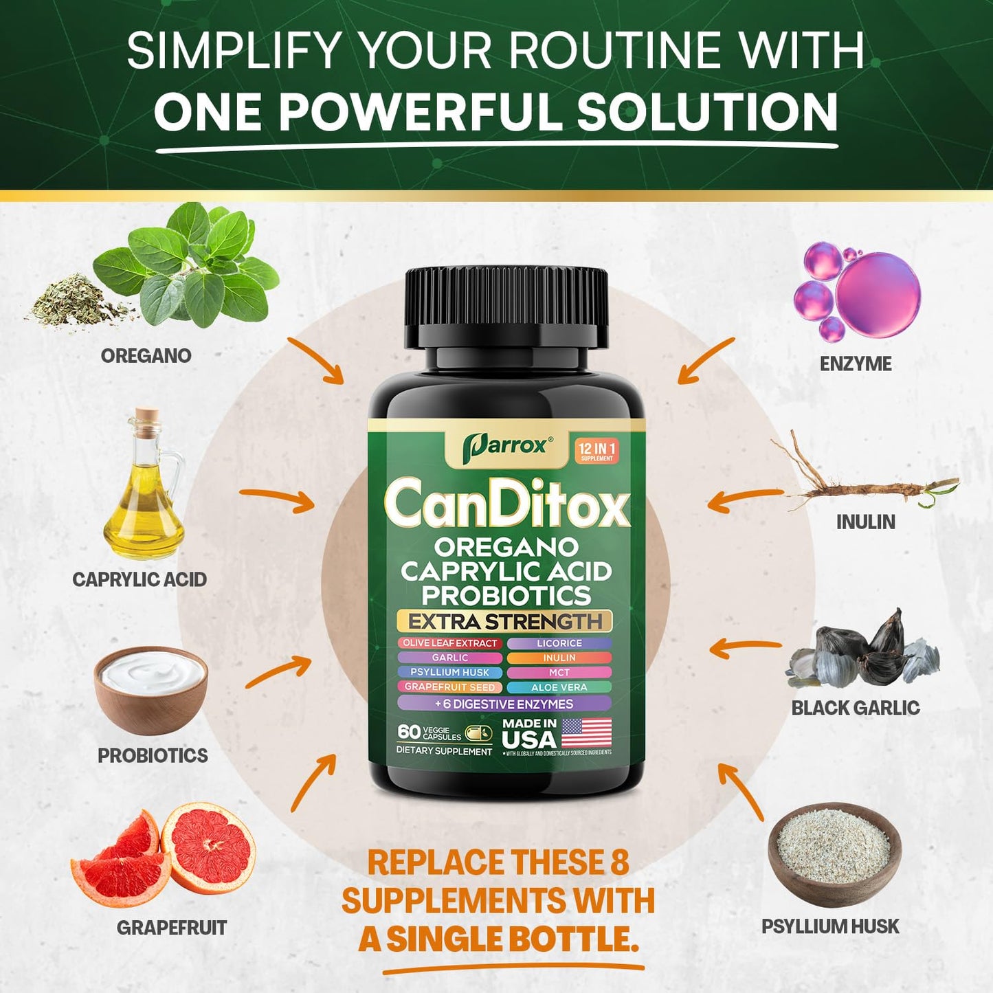 Parrox CanDitox Capsules - Oregano, Garlic, Probiotics & Digestive Enzymes (3 Pack)