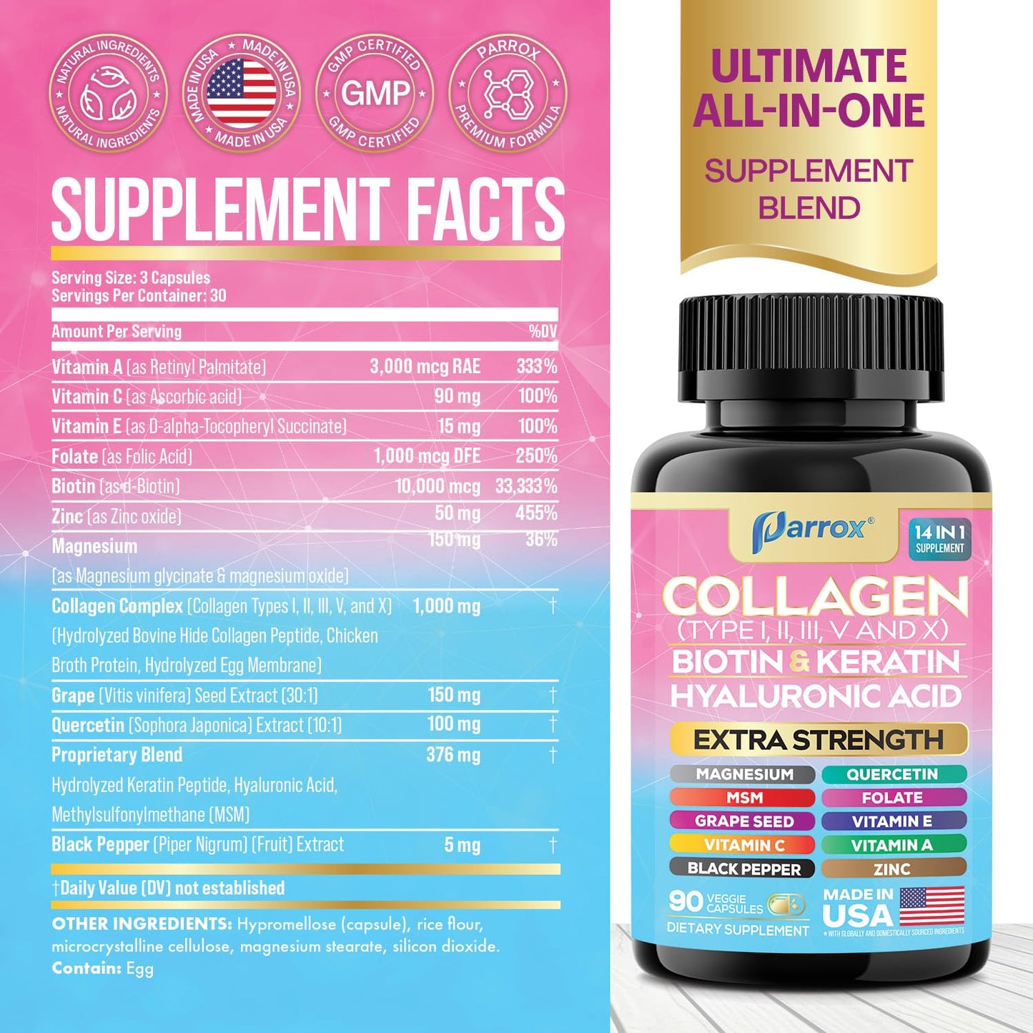 Parrox 14-in-1 Collagen 3-Pack with Biotin & Hyaluronic Acid