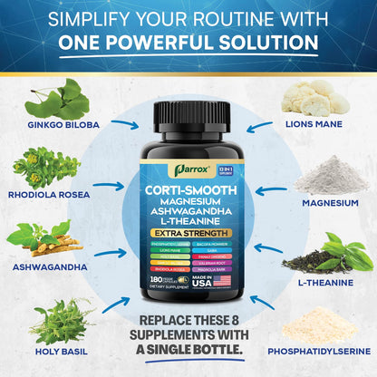 Parrox Corti-Smooth Cortisol Support Capsules with Magnesium & Adaptogens | 180 Caps