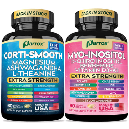 Parrox Cortisol & Myo-Inositol Bundle – 13-in-1 Cortisol Support + 16-in-1 Myo-Inositol, 150 Capsules