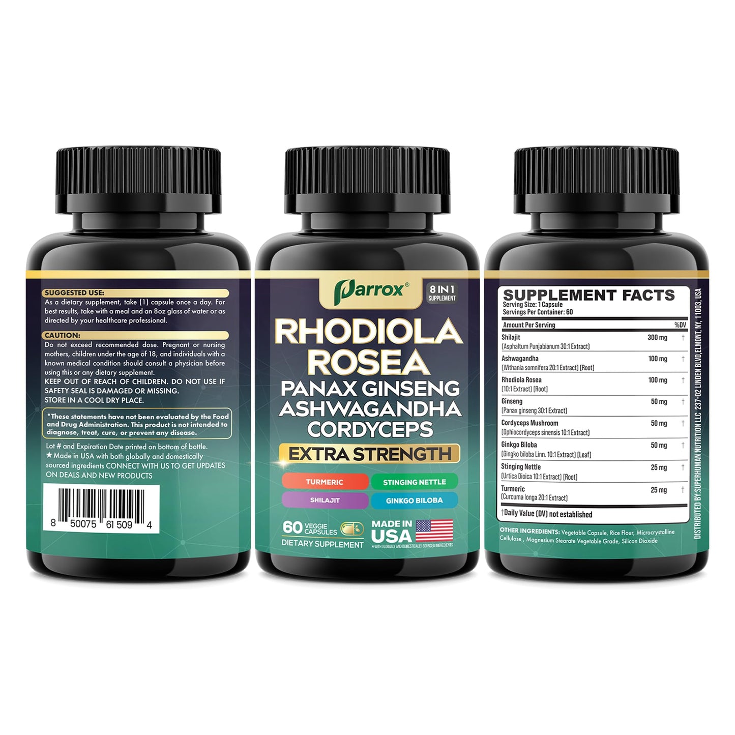 Parrox Rhodiola Rosea 8-in-1 Adaptogen Blend – 2 Pack | Panax Ginseng, Ashwagandha, Cordyceps, Turmeric