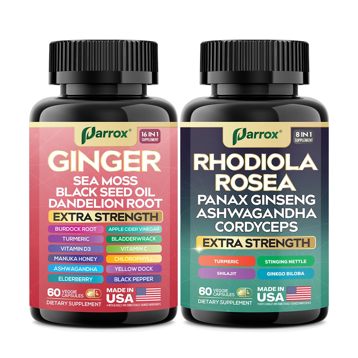 Parrox Dynamic Duo Herbal Bundle – Ginger & Rhodiola (60 Caps Each)
