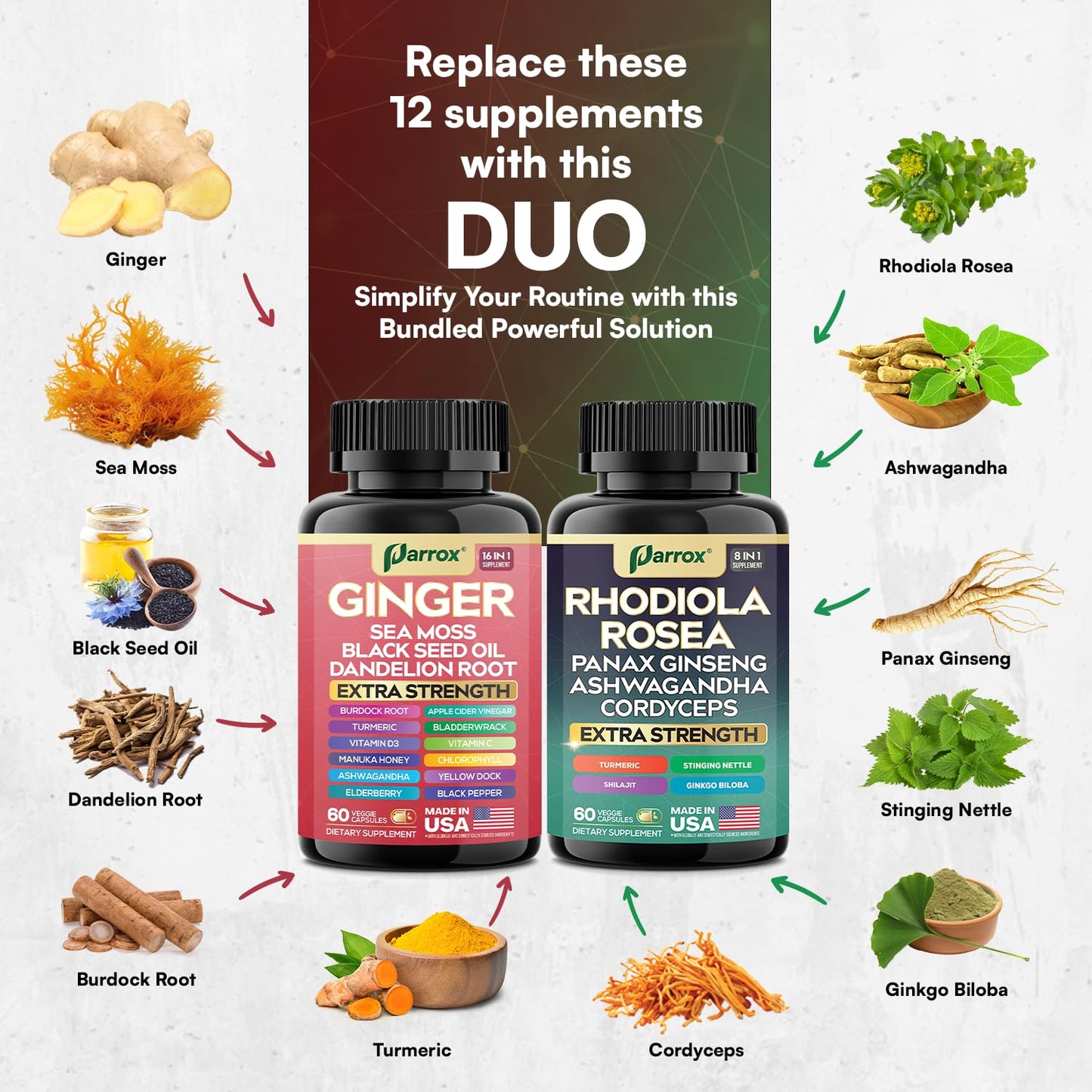 Parrox Dynamic Duo Herbal Bundle – Ginger & Rhodiola Capsules (3 Pack)