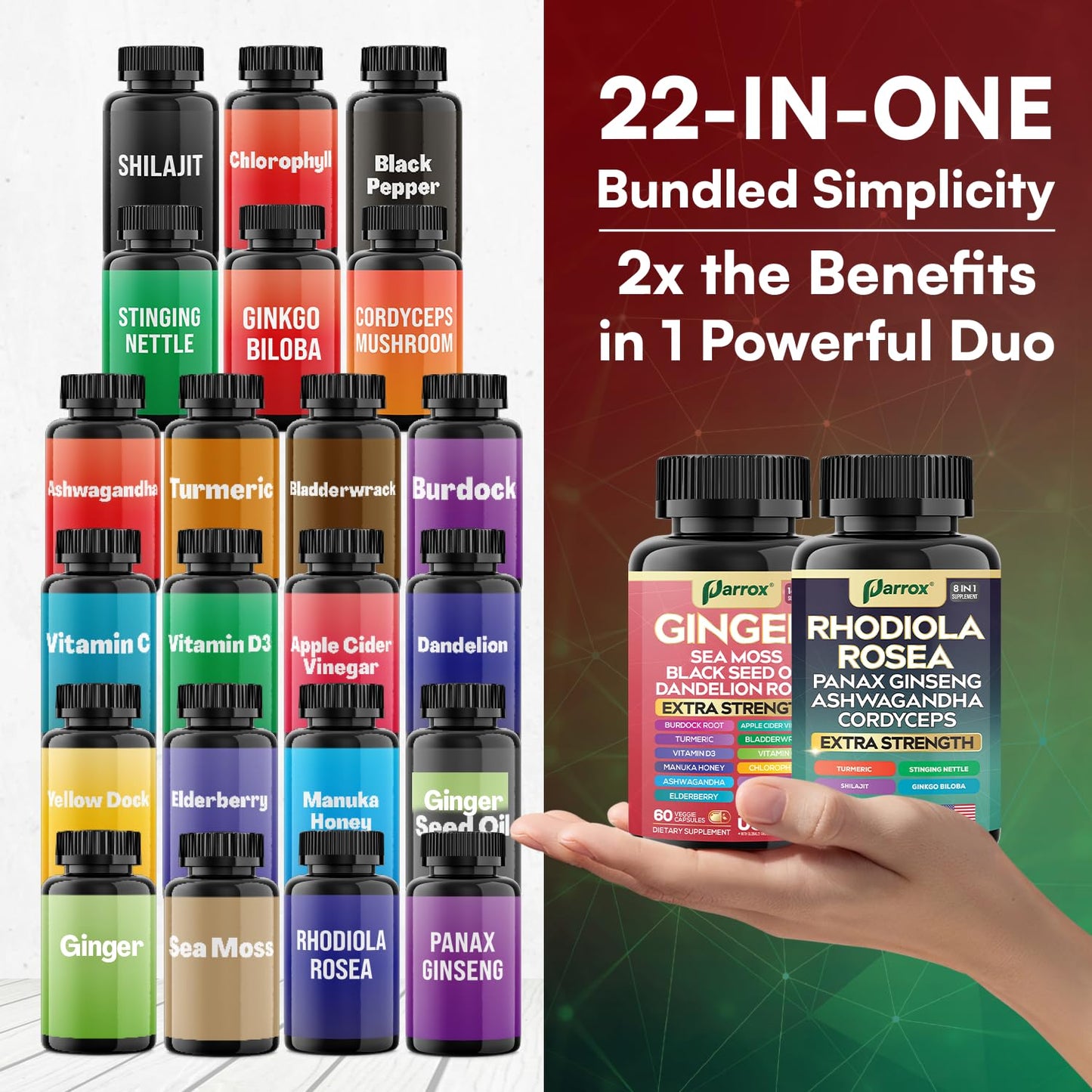 Parrox Dynamic Duo Herbal Bundle – Ginger & Rhodiola Capsules (3 Pack)