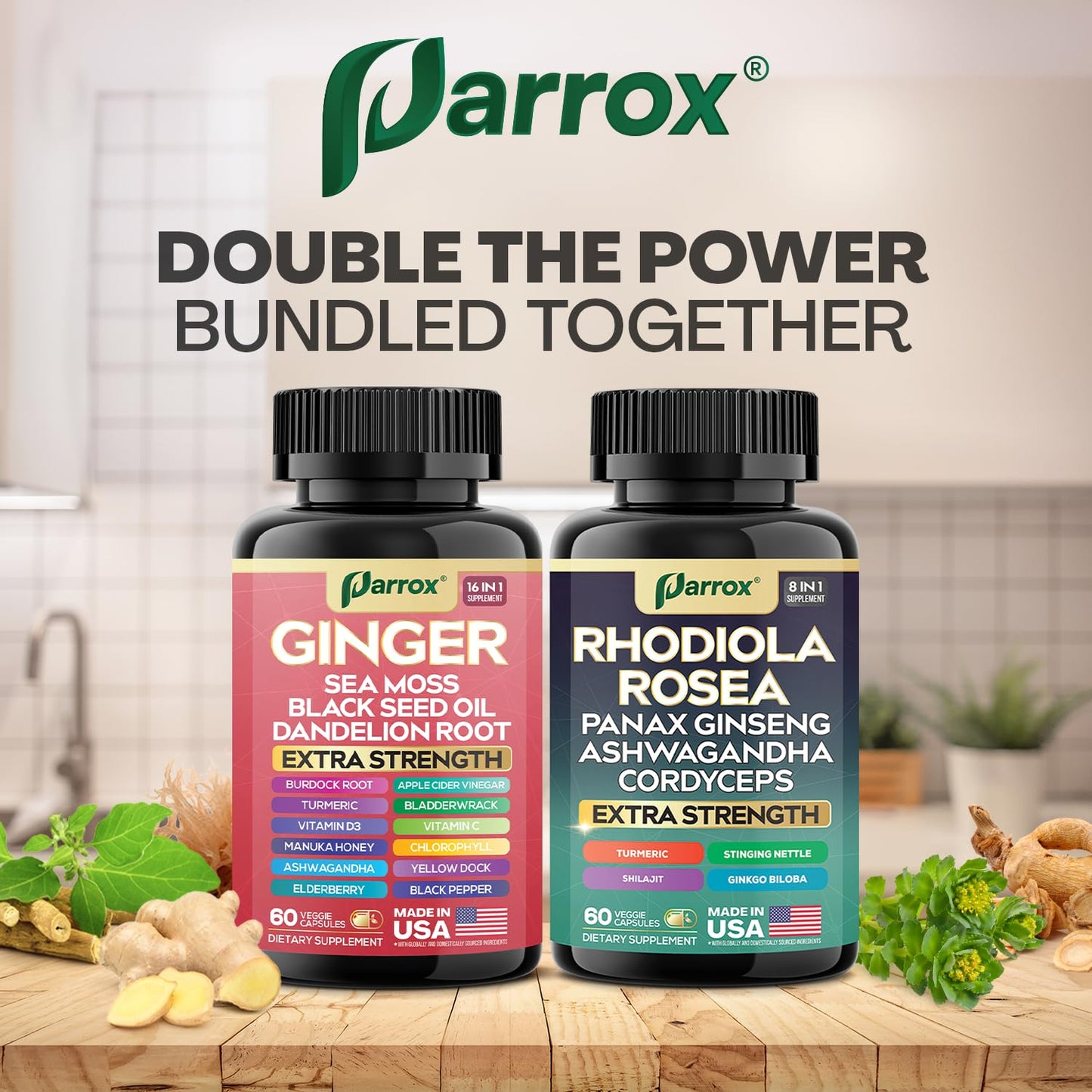 Parrox Dynamic Duo Herbal Bundle – Ginger & Rhodiola Capsules (3 Pack)