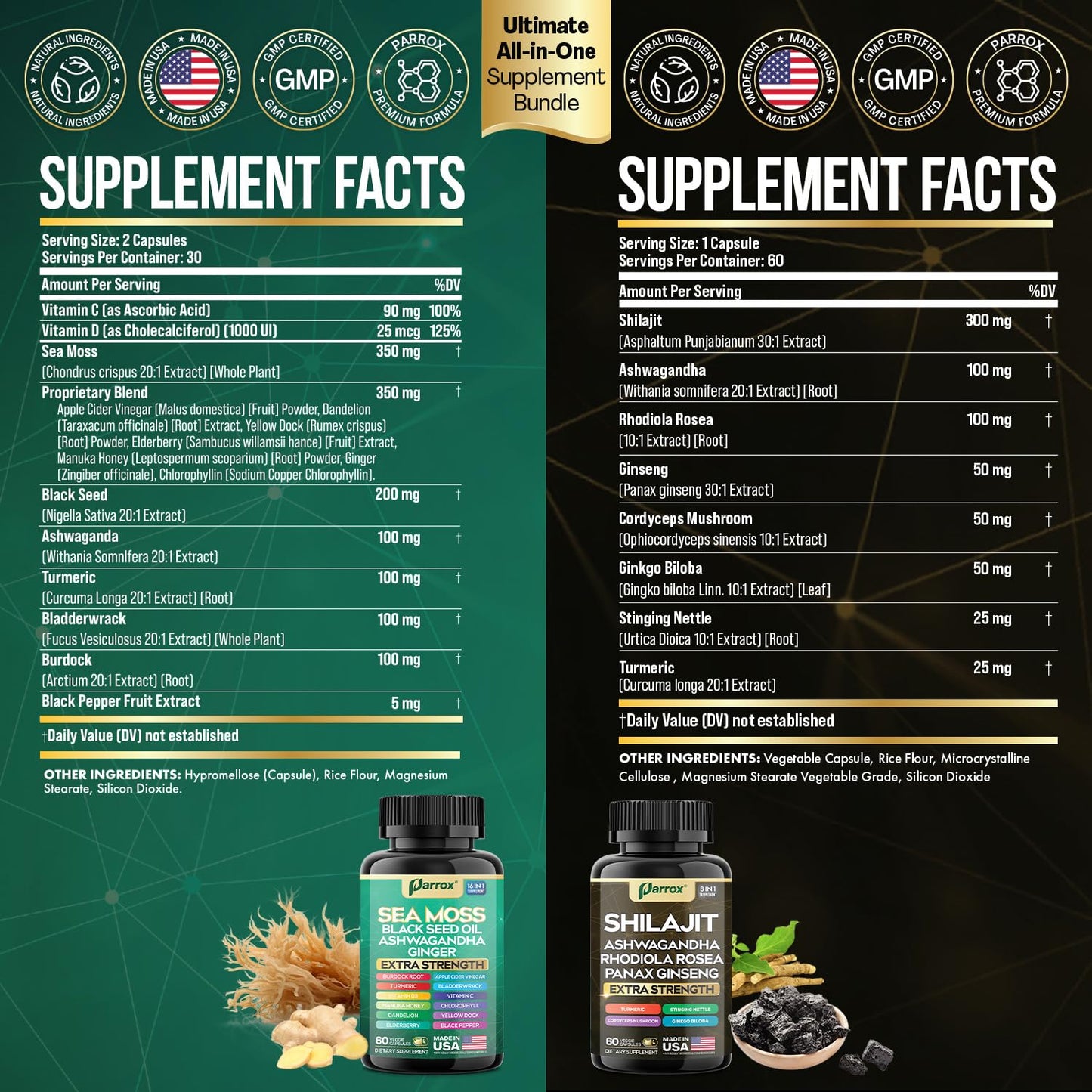 Parrox Dynamic Vitality Bundle (2 Pack) – Shilajit, Sea Moss 350mg & 22 Plant-Based Ingredients