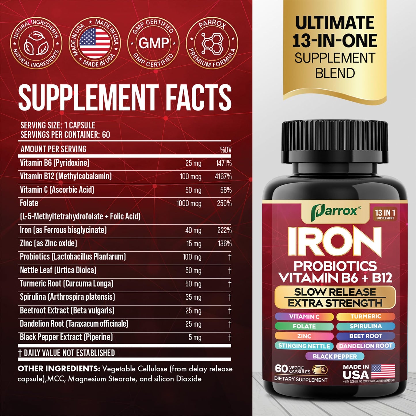 Parrox Elemental-Iron: Slow-Release Iron with Probiotics, Beetroot, Turmeric & B Vitamins – 2 Pack, 60 Capsules Each