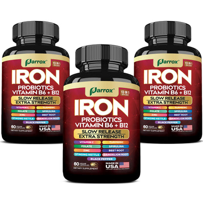 Parrox Elemental Iron 13-in-1 – Slow-Release Iron, Probiotics, B Vitamins, Beetroot & Turmeric (3-Pack, 60 Capsules)