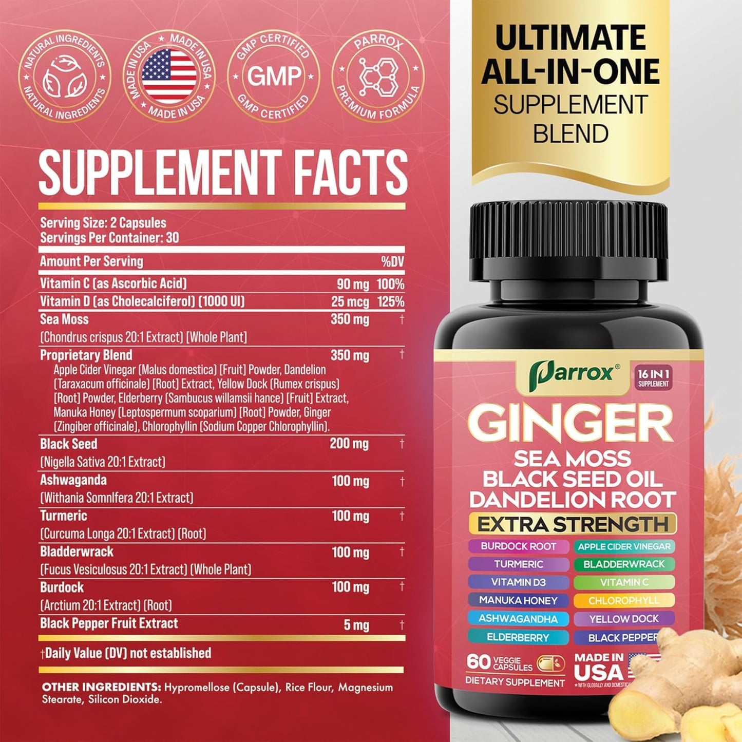 Parrox Ginger 16-in-1 Formula – Ginger, Black Seed Oil, Turmeric & Sea Moss (2 Pack)