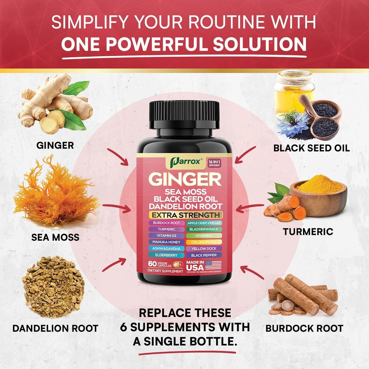 Parrox Ginger 16-in-1 Formula – 3 Pack | Ginger, Turmeric, Sea Moss & More
