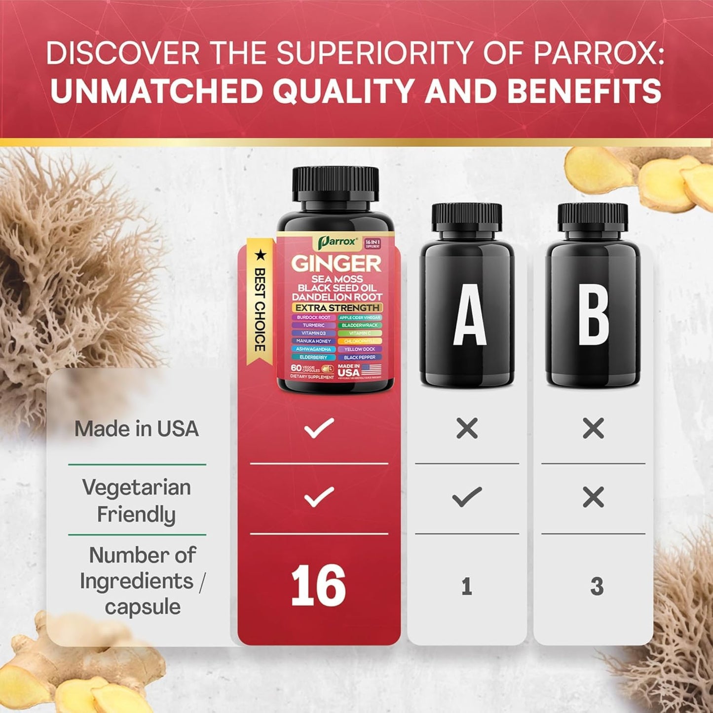 Parrox Ginger 16-in-1 Formula – 3 Pack | Ginger, Turmeric, Sea Moss & More