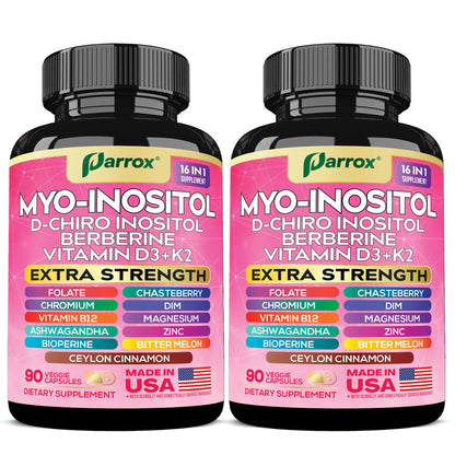 Parrox Myo-Inositol 16-in-1 Supplement – 2 Pack with D-Chiro Inositol, Berberine, D3 + K2