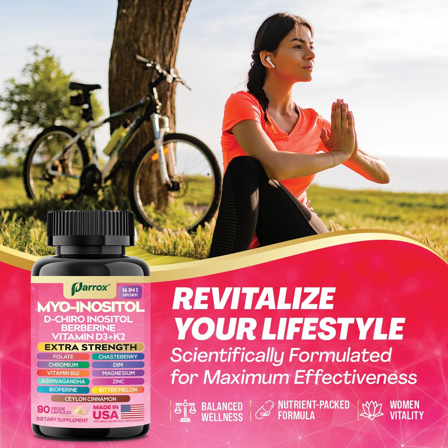 Parrox Myo-Inositol 16-in-1 Supplement | D-Chiro Inositol, DIM, Berberine, D3 + K2 | 3-Month Supply