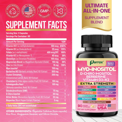 Parrox Myo-Inositol 16-in-1 Supplement | D-Chiro Inositol, DIM, Berberine, D3 + K2 | 3-Month Supply