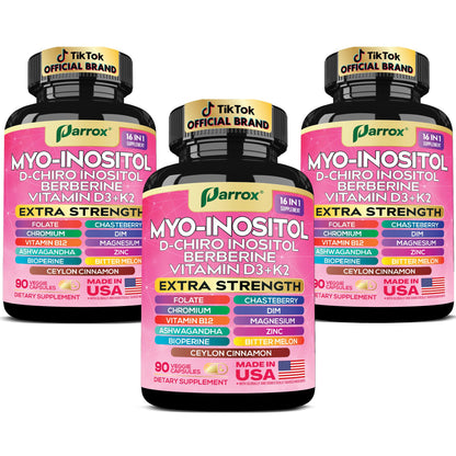Parrox Myo-Inositol 16-in-1 Supplement | D-Chiro Inositol, DIM, Berberine, D3 + K2 | 3-Month Supply