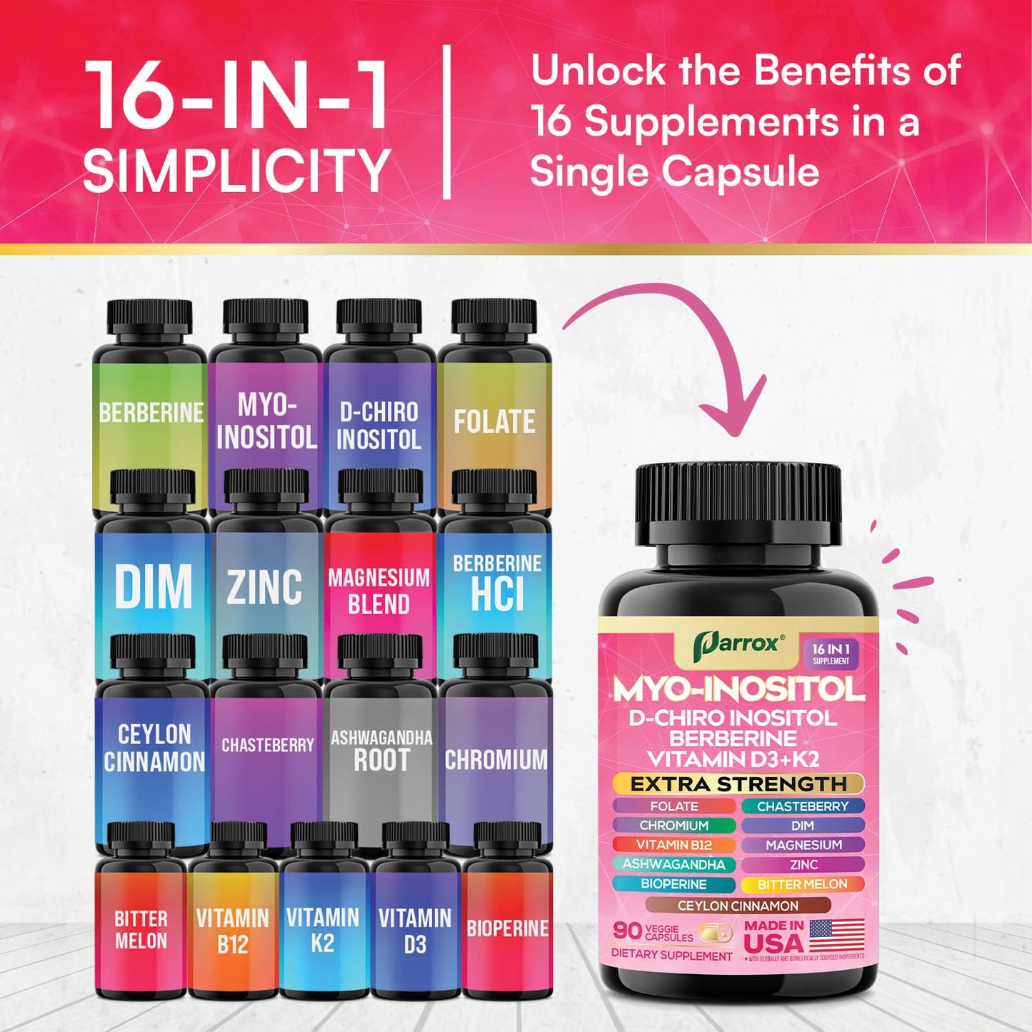 Parrox Myo-Inositol 16-in-1 Supplement | D-Chiro Inositol, DIM, Berberine, D3 + K2 | 3-Month Supply