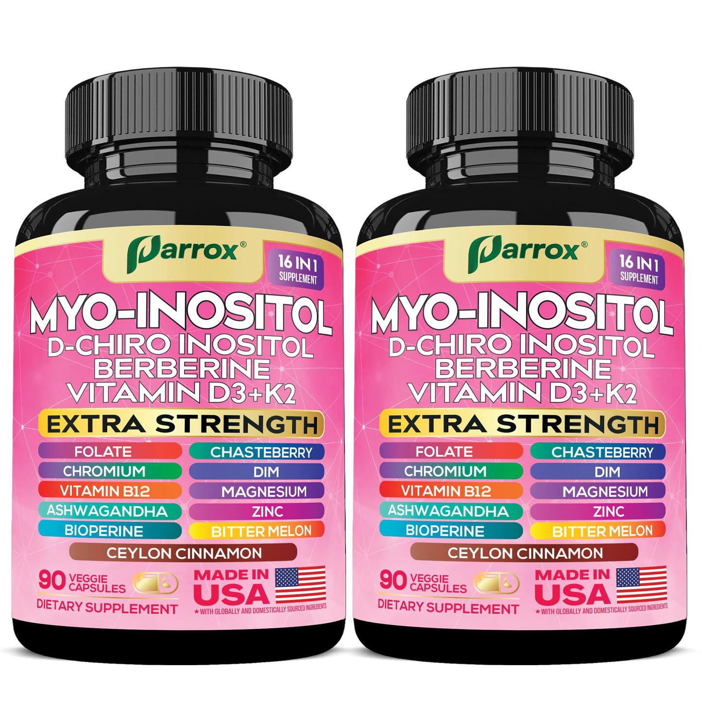 Parrox Myo-Inositol 16-in-1 Supplement – 2 Pack with D-Chiro Inositol, Berberine, D3 + K2