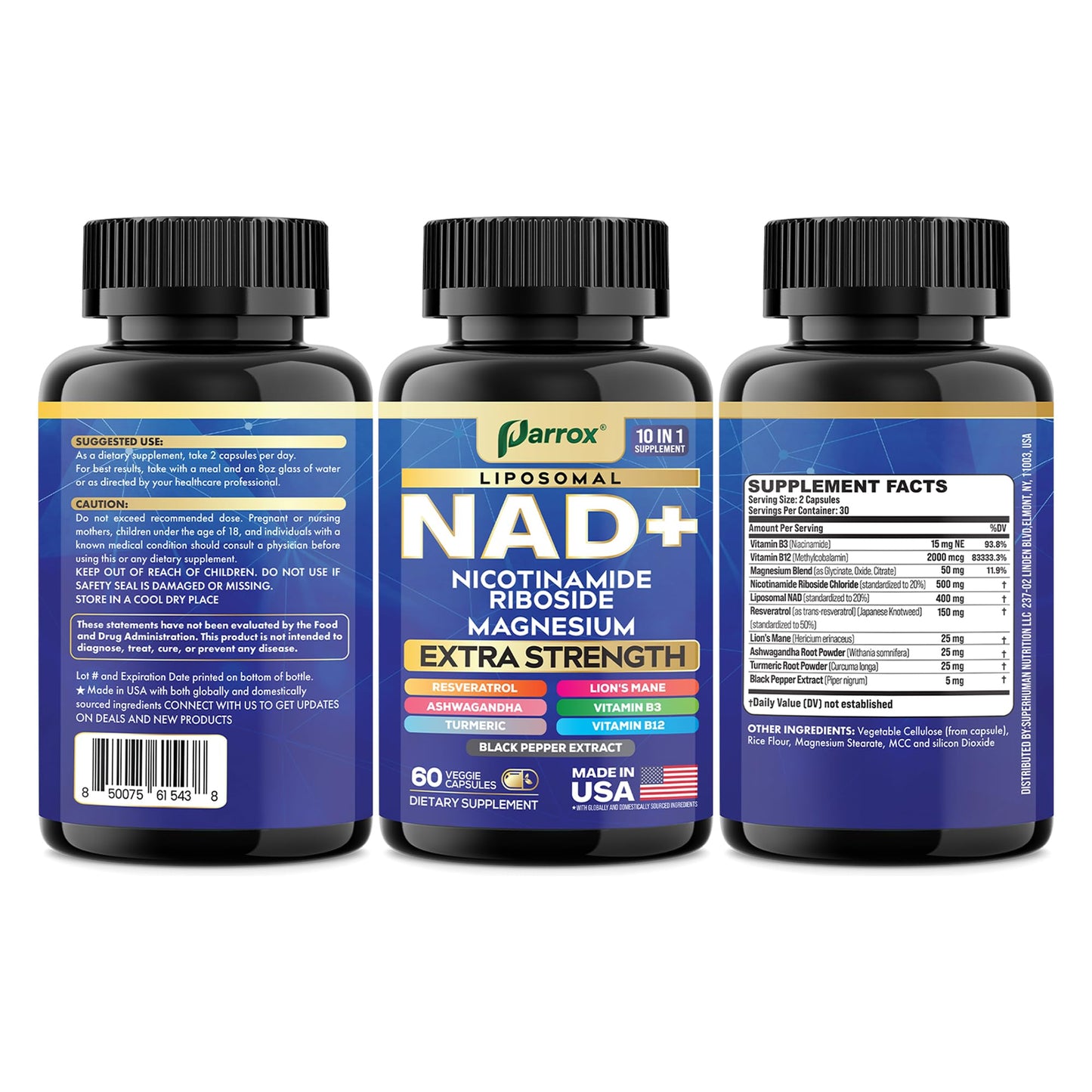 Parrox NAD+ Supplement with Liposomal NAD+ | 10-in-1 Extra Strength (3 Pack)