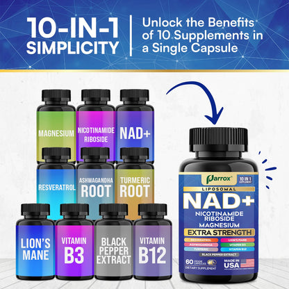 Parrox NAD+ Supplement with Liposomal NAD+ | 10-in-1 Extra Strength (3 Pack)