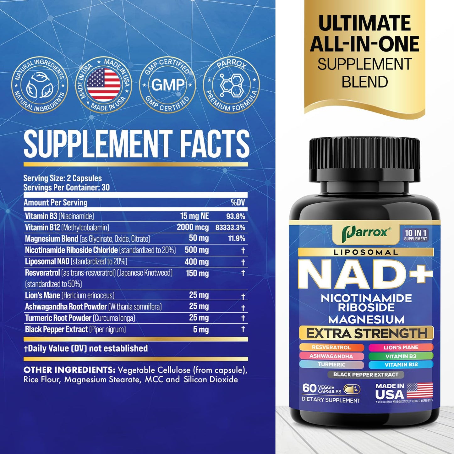 Parrox NAD+ Supplement with Liposomal NAD+ | 10-in-1 Extra Strength (3 Pack)