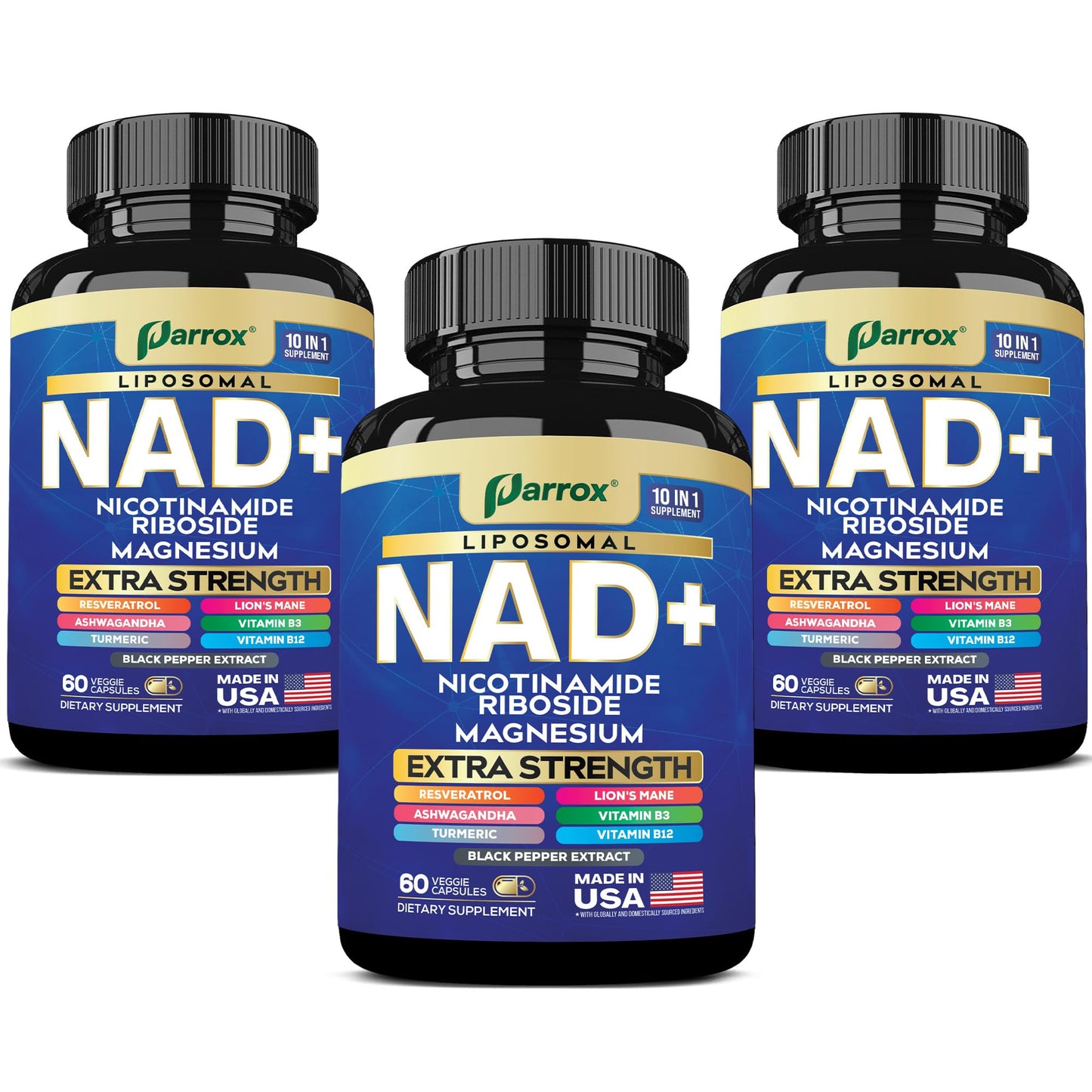 Parrox NAD+ Supplement with Liposomal NAD+ | 10-in-1 Extra Strength (3 Pack)