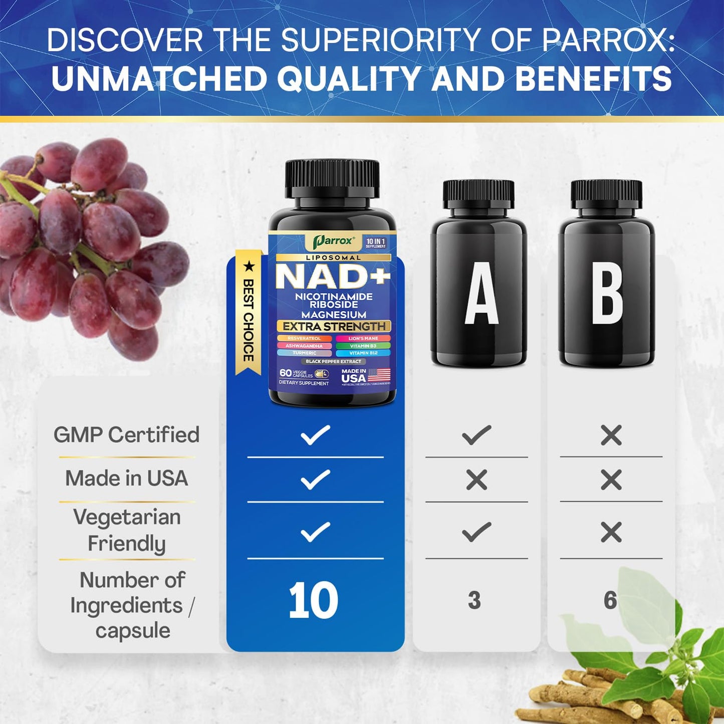 Parrox NAD+ Supplement with Liposomal NAD+ | 10-in-1 Extra Strength (3 Pack)