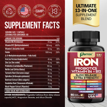 Parrox Elemental Iron 13-in-1 – Slow-Release Iron, Probiotics, B Vitamins, Beetroot & Turmeric (3-Pack, 60 Capsules)