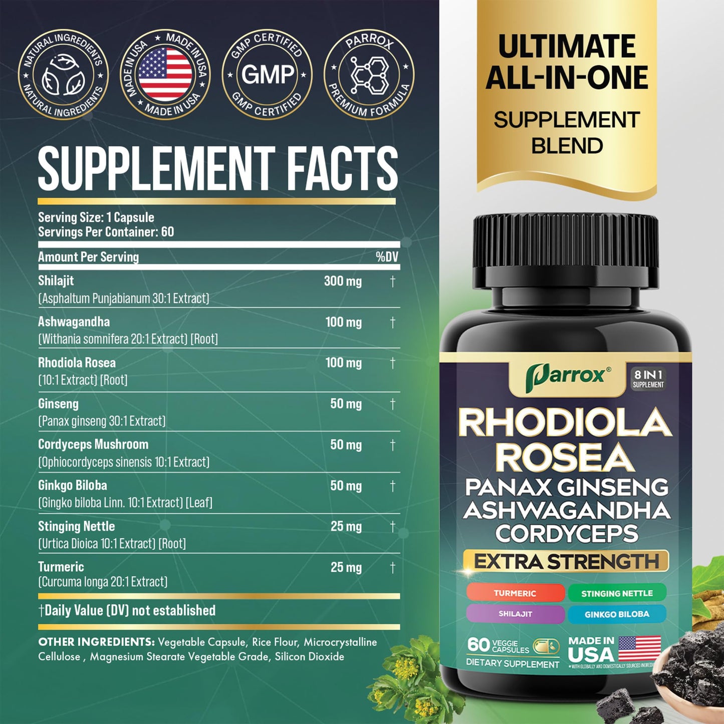 Parrox 8-in-1 Adaptogen Blend Capsules – Rhodiola, Ginseng, Ashwagandha, Turmeric | 3 Pack
