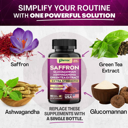 Parrox Saffron Supplement with Glucomannan & Ashwagandha – 4 Month Supply