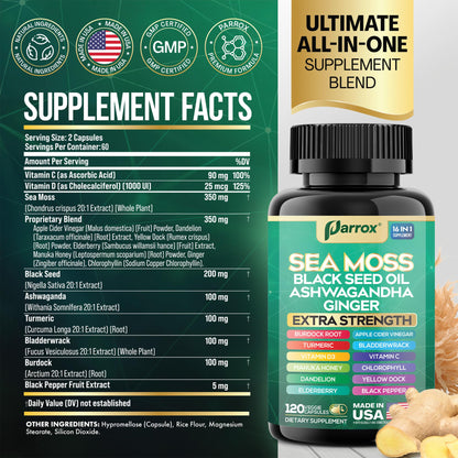 Parrox Sea Moss 16-in-1 Capsules (120 Caps) – Herbal Wellness with Sea Moss, Black Seed Oil, Ashwagandha & More