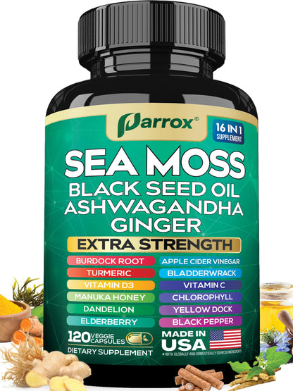 Parrox Sea Moss 16-in-1 Capsules (120 Caps) – Herbal Wellness with Sea Moss, Black Seed Oil, Ashwagandha & More