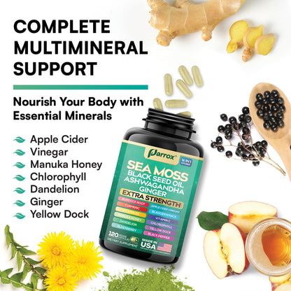 Parrox Sea Moss 16-in-1 Capsules (120 Caps) – Herbal Wellness with Sea Moss, Black Seed Oil, Ashwagandha & More