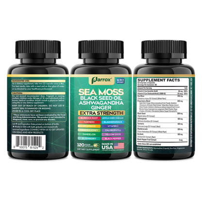 Parrox Sea Moss 16-in-1 Capsules (120 Caps) – Herbal Wellness with Sea Moss, Black Seed Oil, Ashwagandha & More
