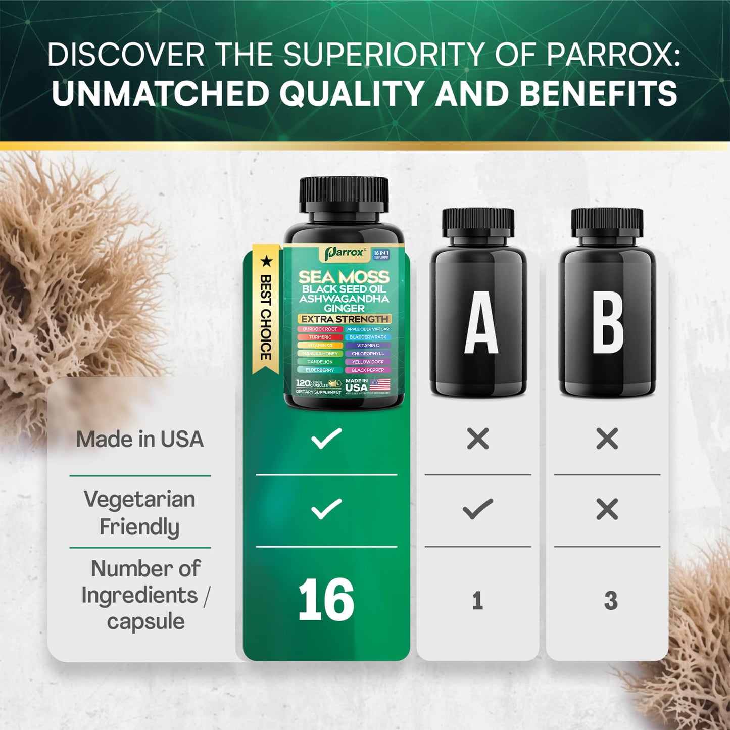 Parrox Sea Moss 16-in-1 Capsules (120 Caps) – Herbal Wellness with Sea Moss, Black Seed Oil, Ashwagandha & More