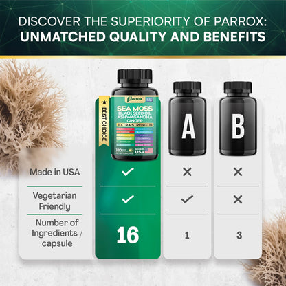 Parrox Sea Moss 16-in-1 Capsules (120 Caps) – Herbal Wellness with Sea Moss, Black Seed Oil, Ashwagandha & More