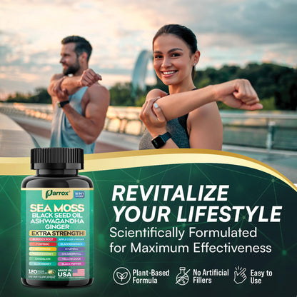 Parrox Sea Moss 16-in-1 Capsules (120 Caps) – Herbal Wellness with Sea Moss, Black Seed Oil, Ashwagandha & More