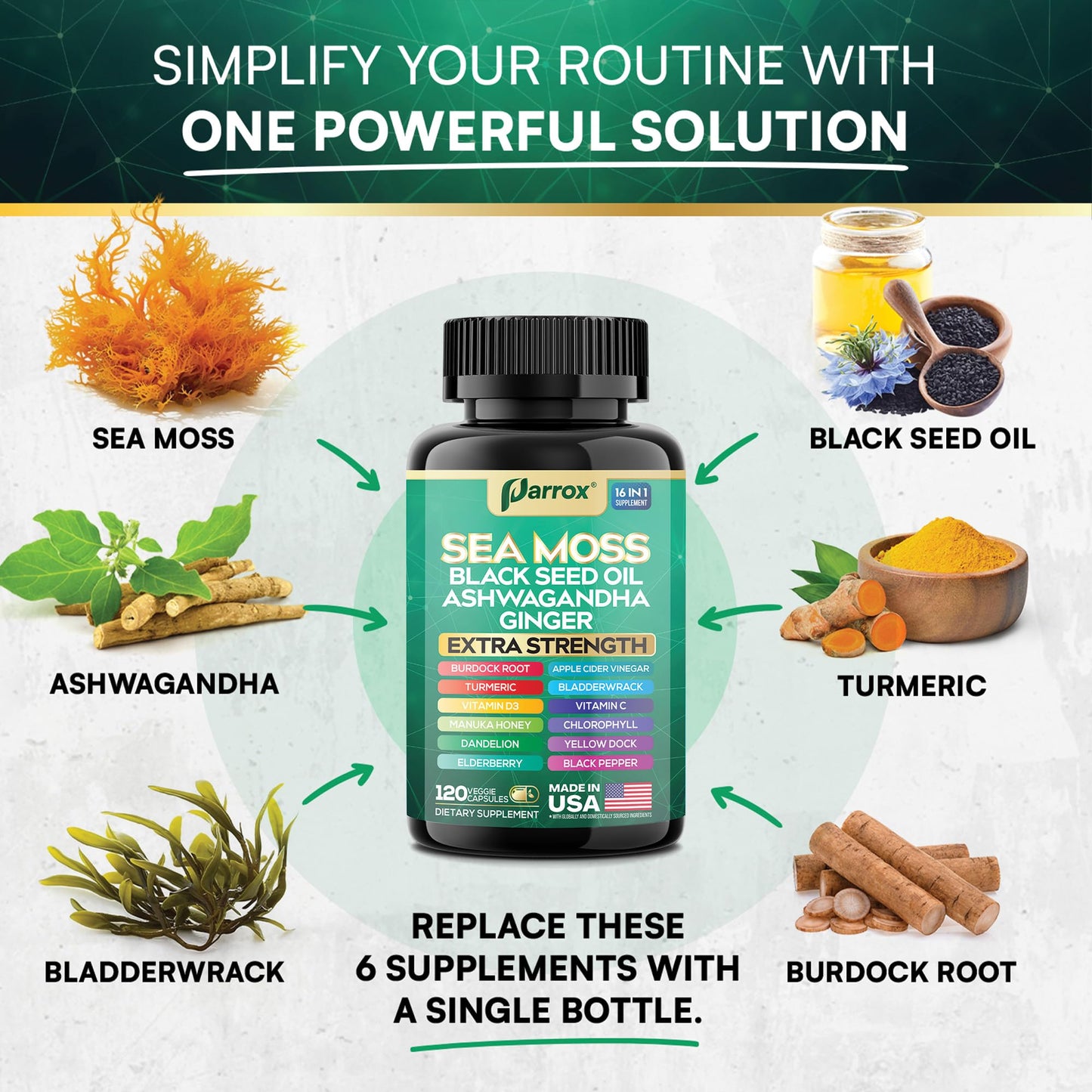 Parrox Sea Moss 16-in-1 Capsules (120 Caps) – Herbal Wellness with Sea Moss, Black Seed Oil, Ashwagandha & More