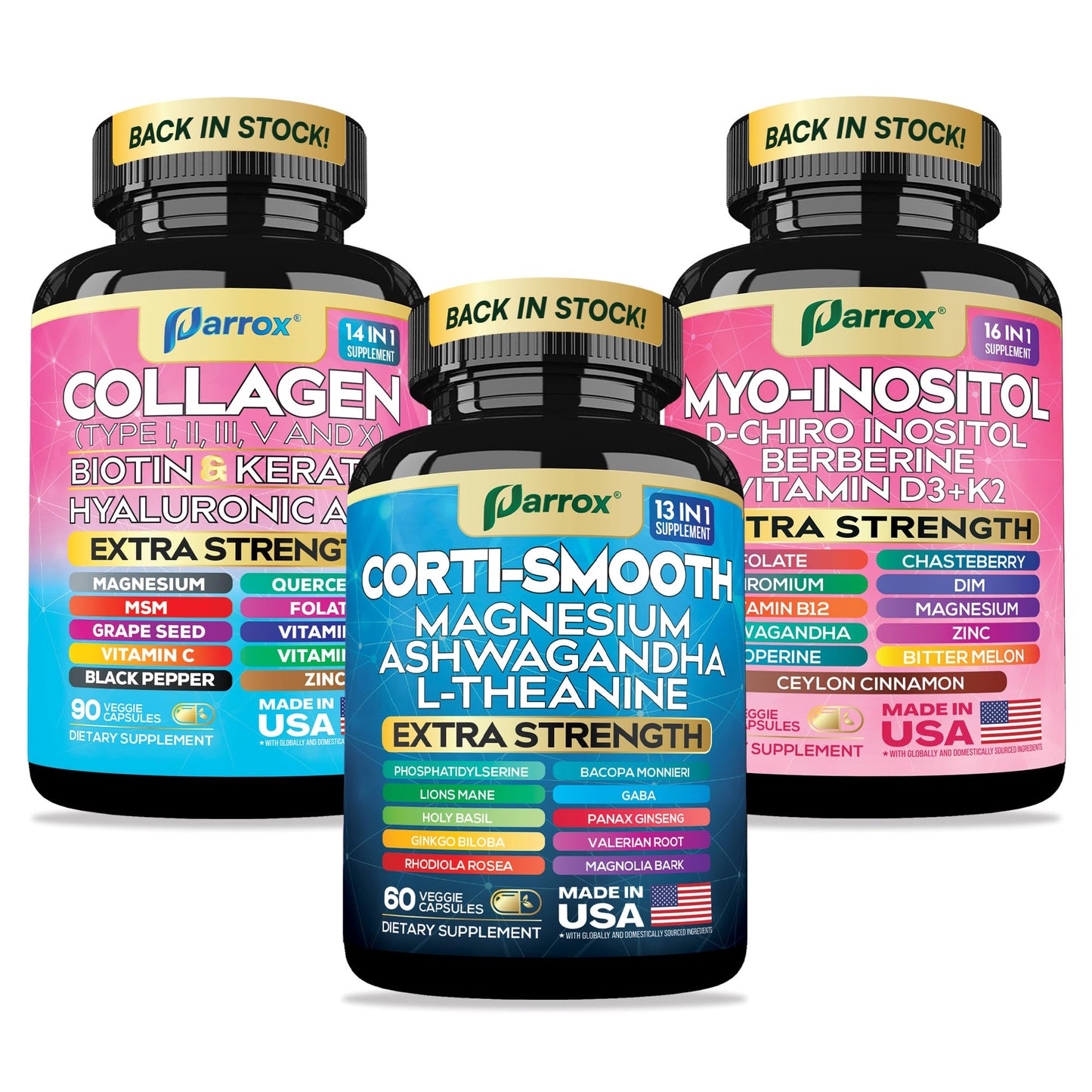 Parrox She Shines Set – Collagen Peptides, Cortisol Support & Inositol Bundle