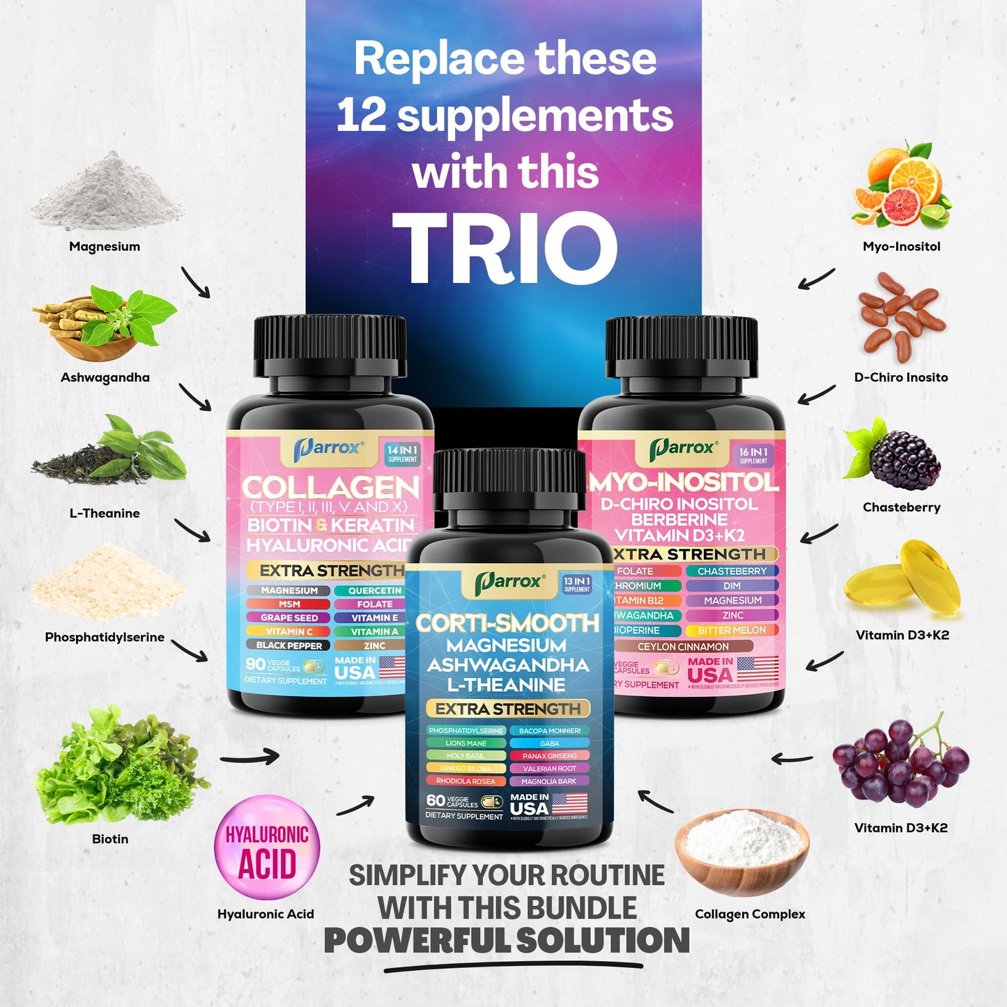 Parrox She Shines Set – Collagen Peptides, Cortisol Support & Inositol Bundle