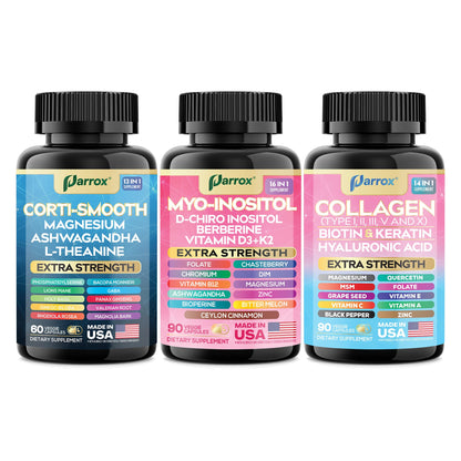 Parrox She Shines Set – Collagen Peptides, Cortisol Support & Inositol Bundle