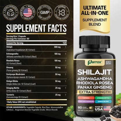 Parrox Shilajit 8-in-1 Supplement – 180 Caps | Shilajit, Ginseng, Ashwagandha, Rhodiola, Turmeric