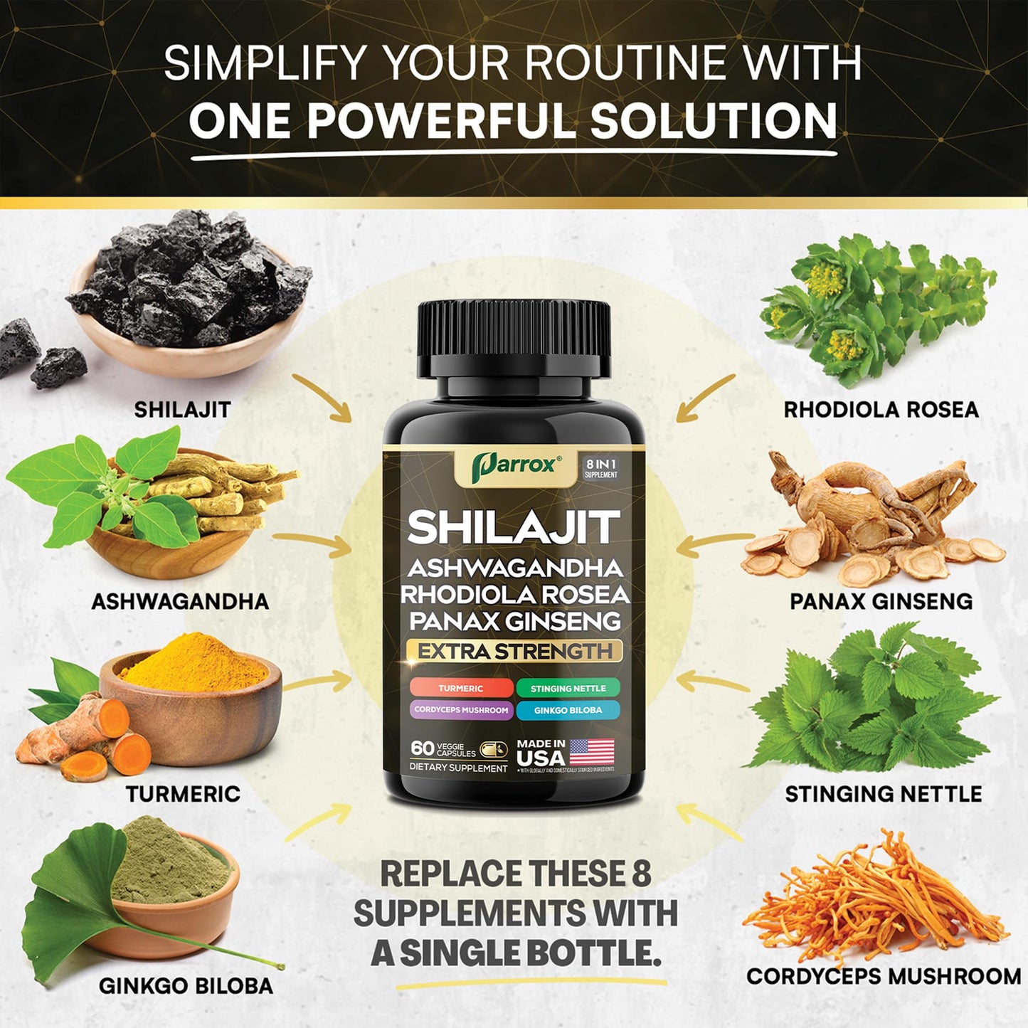 Parrox Shilajit 8-in-1 Supplement – 180 Caps | Shilajit, Ginseng, Ashwagandha, Rhodiola, Turmeric